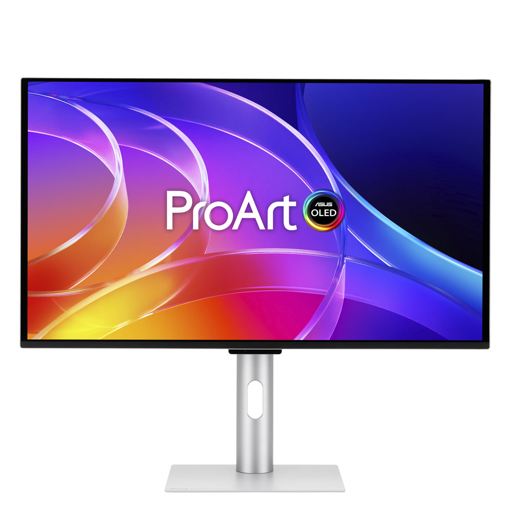 ASUS ProArt PA27UCDV vu de face, avec son écran aux bordures noires et son pied argenté percé pour les câbles.