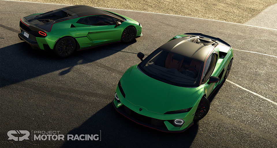 Deux Lamborghini Temerario vertes dans Project Motor Racing, sur un visuel officiel de la version 2.3.
