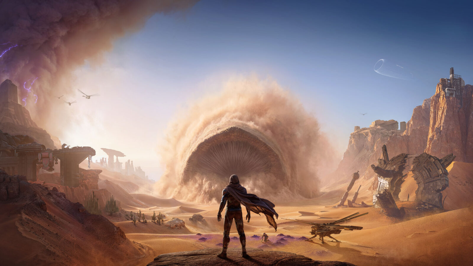 Un personnage face à un ver des sables dans le désert d’Arrakis, visuel de Dune: Awakening.