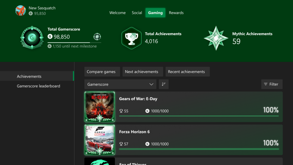 Vue officielle de l’onglet Gaming du profil Xbox, avec compteur de distinctions Mythic et historique des jeux.
