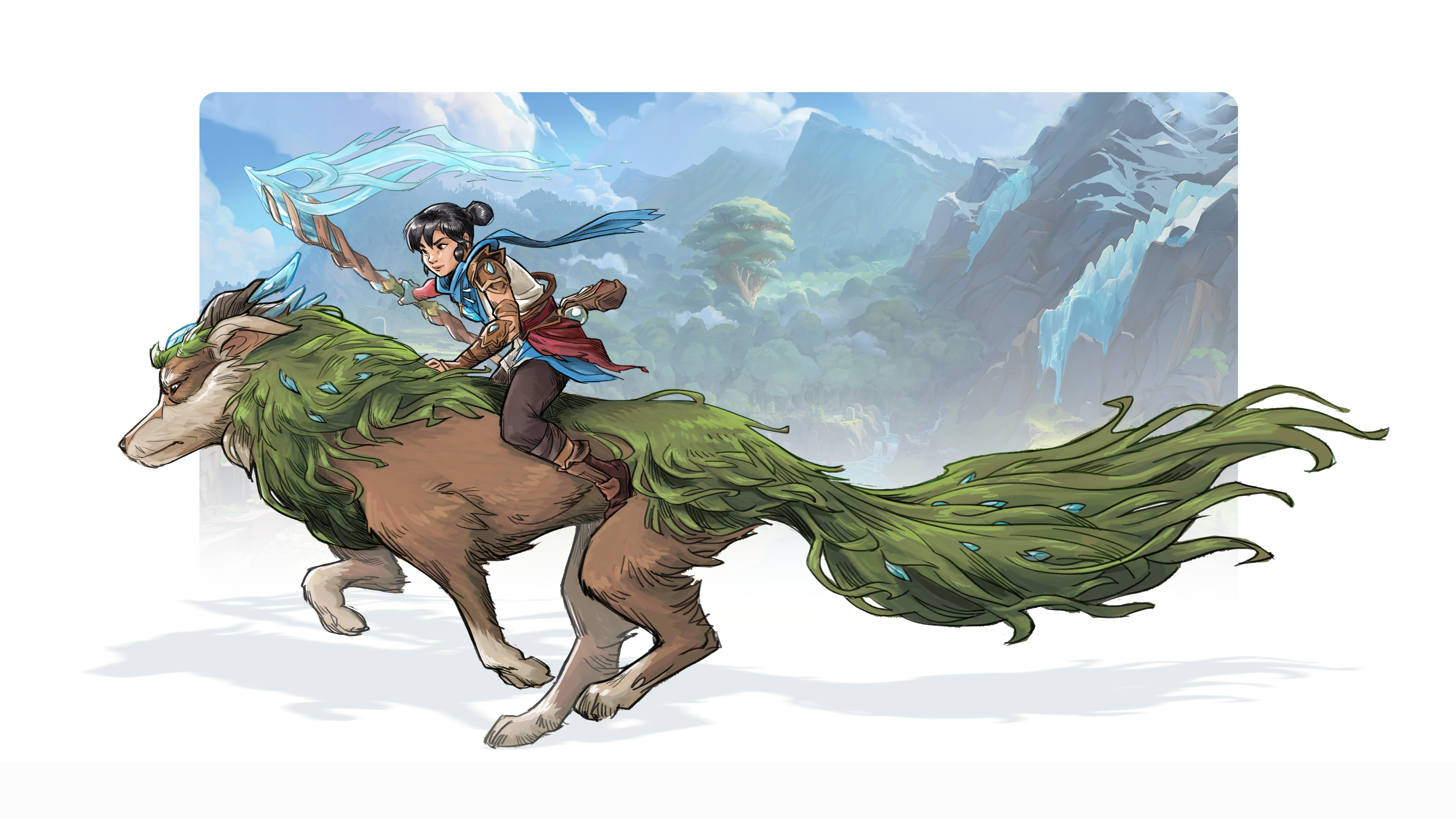 Illustration officielle de Kena chevauchant son compagnon canin sur fond de paysage de Kosmora