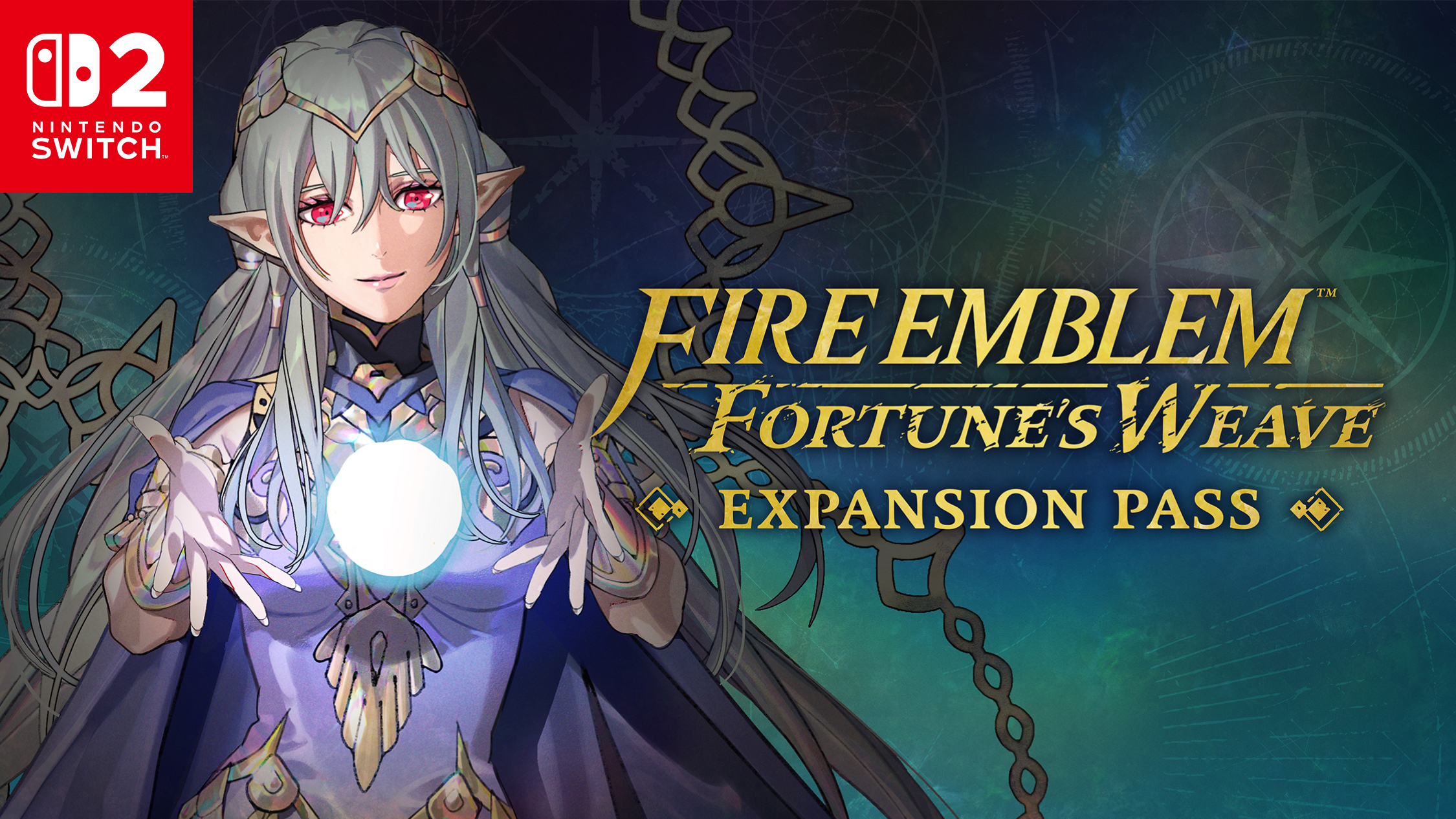 Visuel officiel du pass d’extension Fire Emblem: Fortune’s Weave, avec son logo et un personnage aux cheveux argentés.