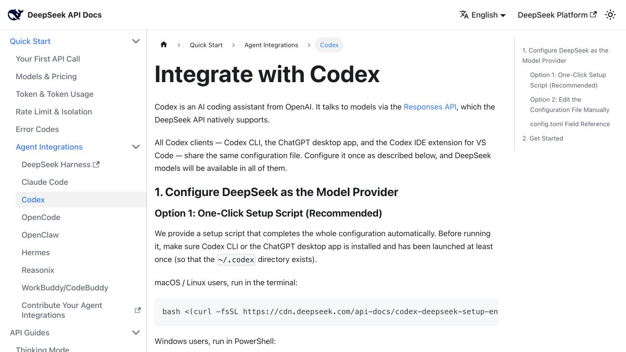 Page officielle DeepSeek présentant l’intégration de ses modèles avec Codex via Responses API.