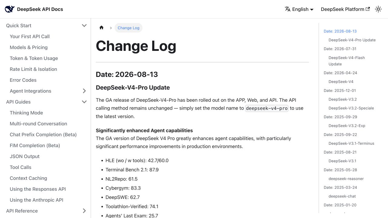 Documentation officielle DeepSeek annonçant la version finale de V4 Pro le 13 août 2026.
