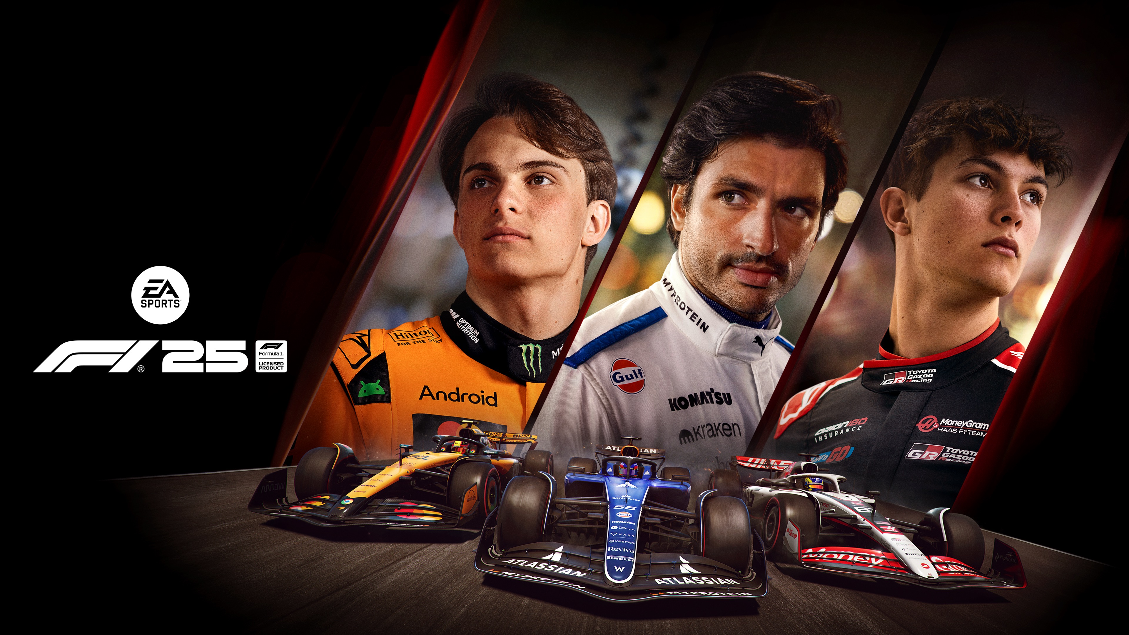 Illustration officielle F1 25 avec trois pilotes et leurs monoplaces