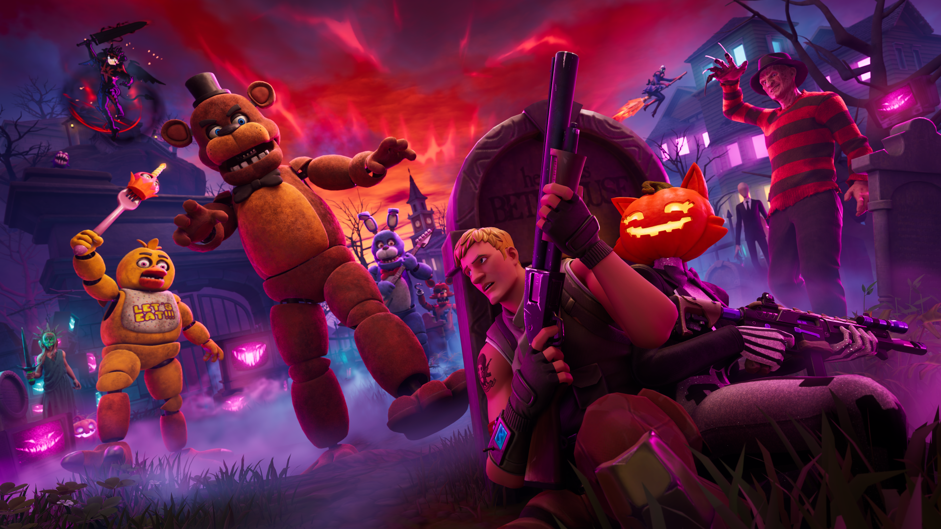 Personnages de Five Nights at Freddy’s, Freddy Krueger et combattants réunis dans le visuel officiel de Fortnitemares 2026
