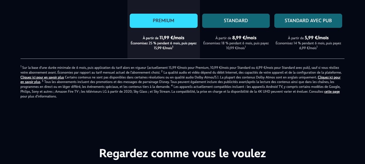 Note officielle Disney+ Belgique listant les appareils actuellement cités pour la 4K et signalant que sa disponibilité peut évoluer.