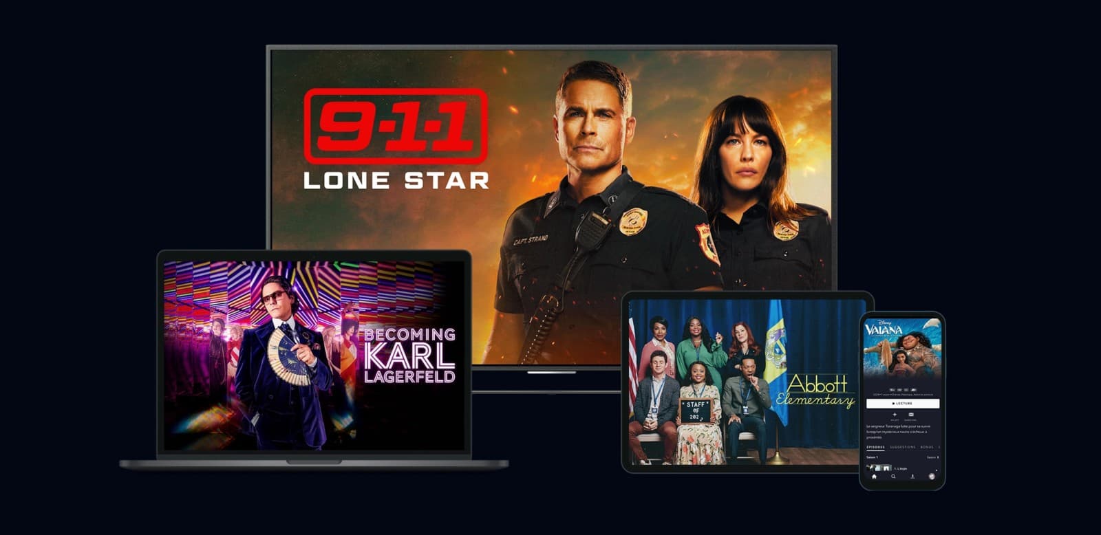 Visuel officiel Disney+ présentant le service sur un téléviseur, un ordinateur portable, une tablette et un smartphone.