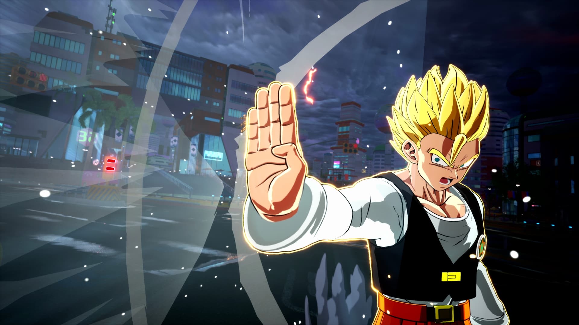 Capture officielle de Super Limit-Breaking NEO montrant un combattant personnalisé en ville.