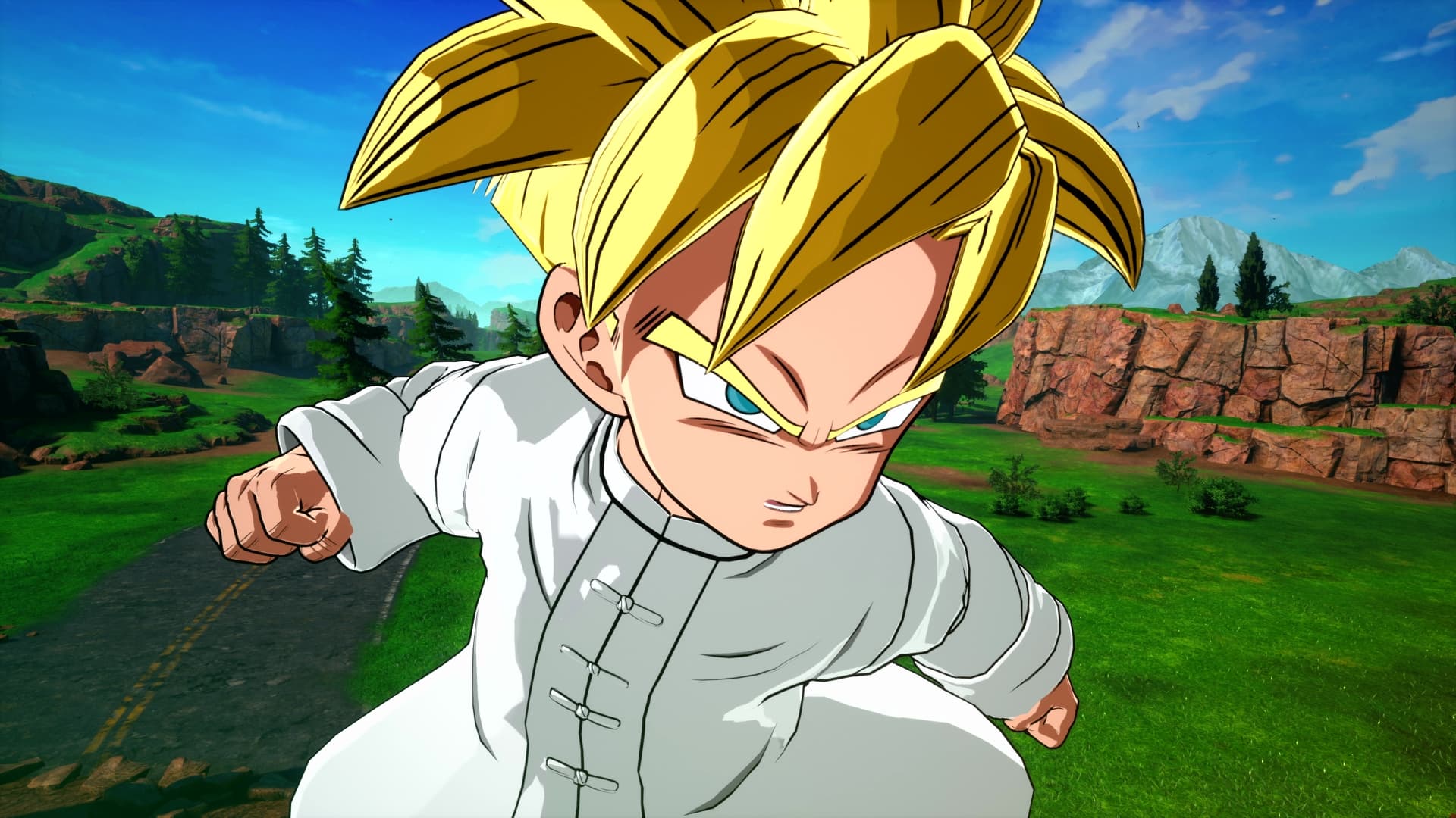 Capture officielle de Super Limit-Breaking NEO montrant un jeune combattant dans une arène rocheuse.