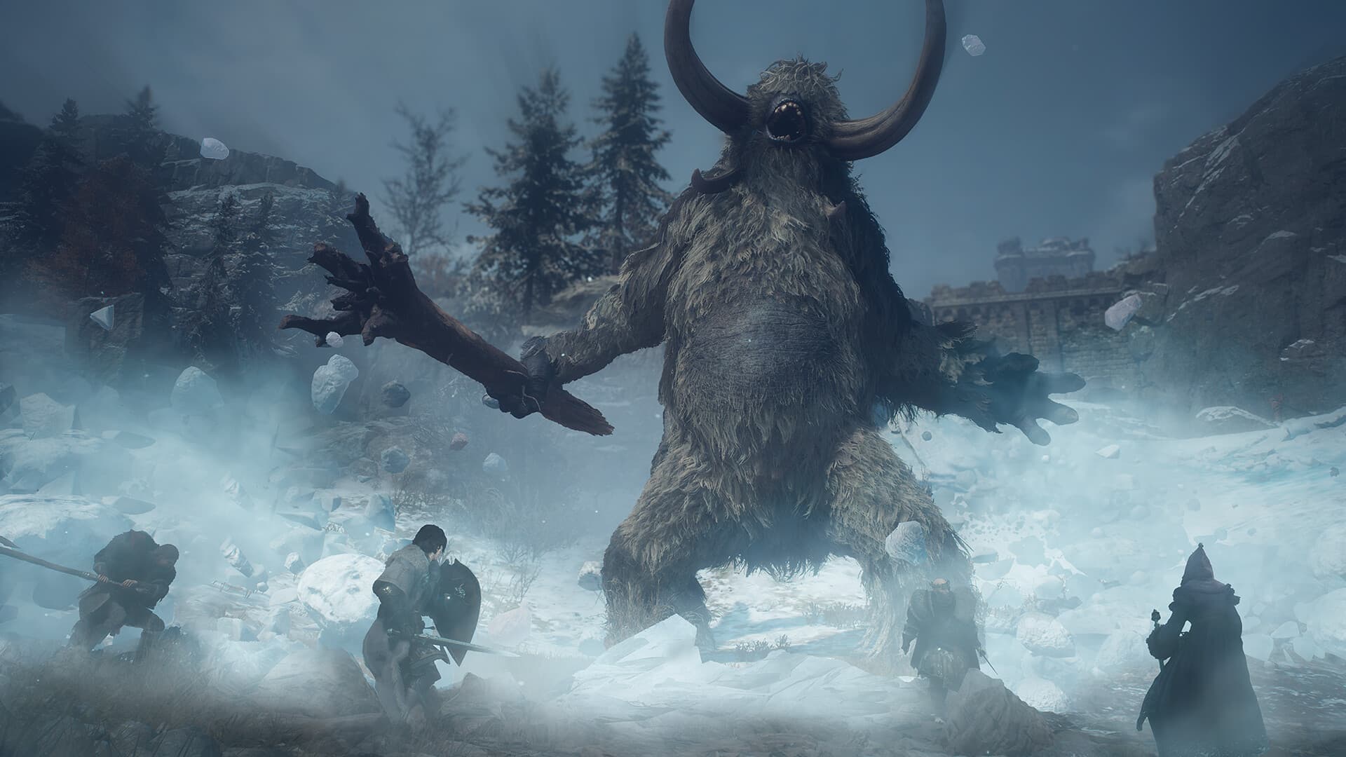 Capture officielle de Dark Arisen montrant un combat contre une créature géante couverte de glace.