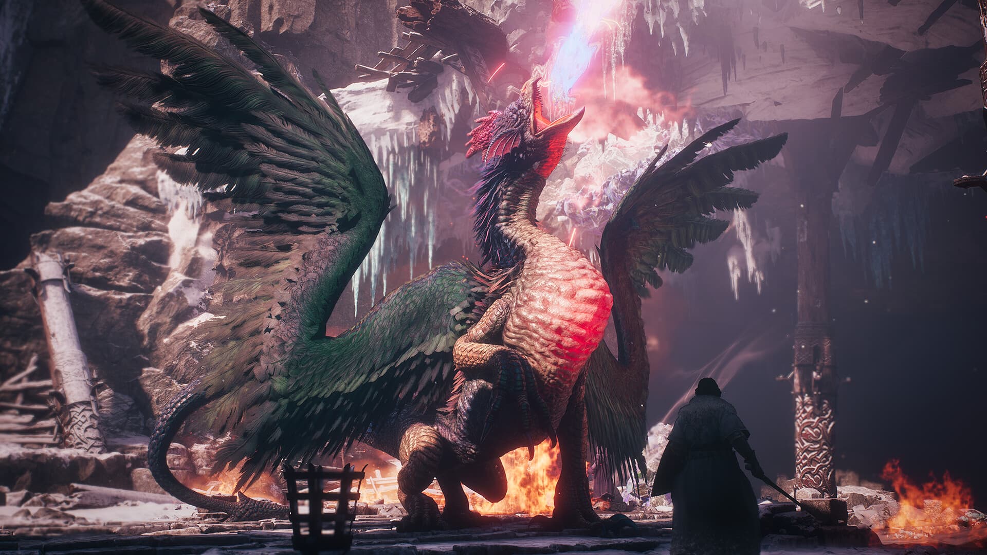 Capture officielle de Dark Arisen montrant un groupe affrontant un dragon couvert de plumes.