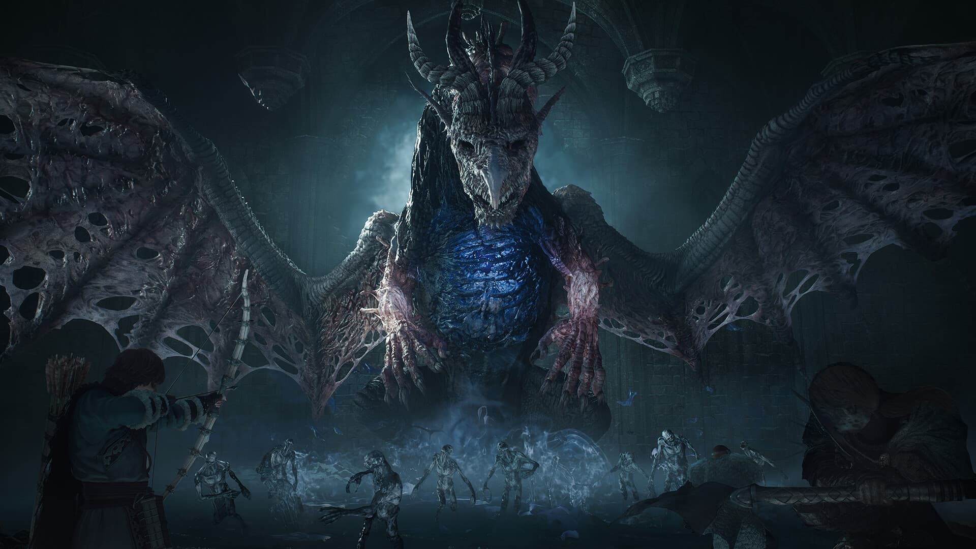 Capture officielle de Dark Arisen montrant un grand dragon squelettique et plusieurs créatures dans l’obscurité.