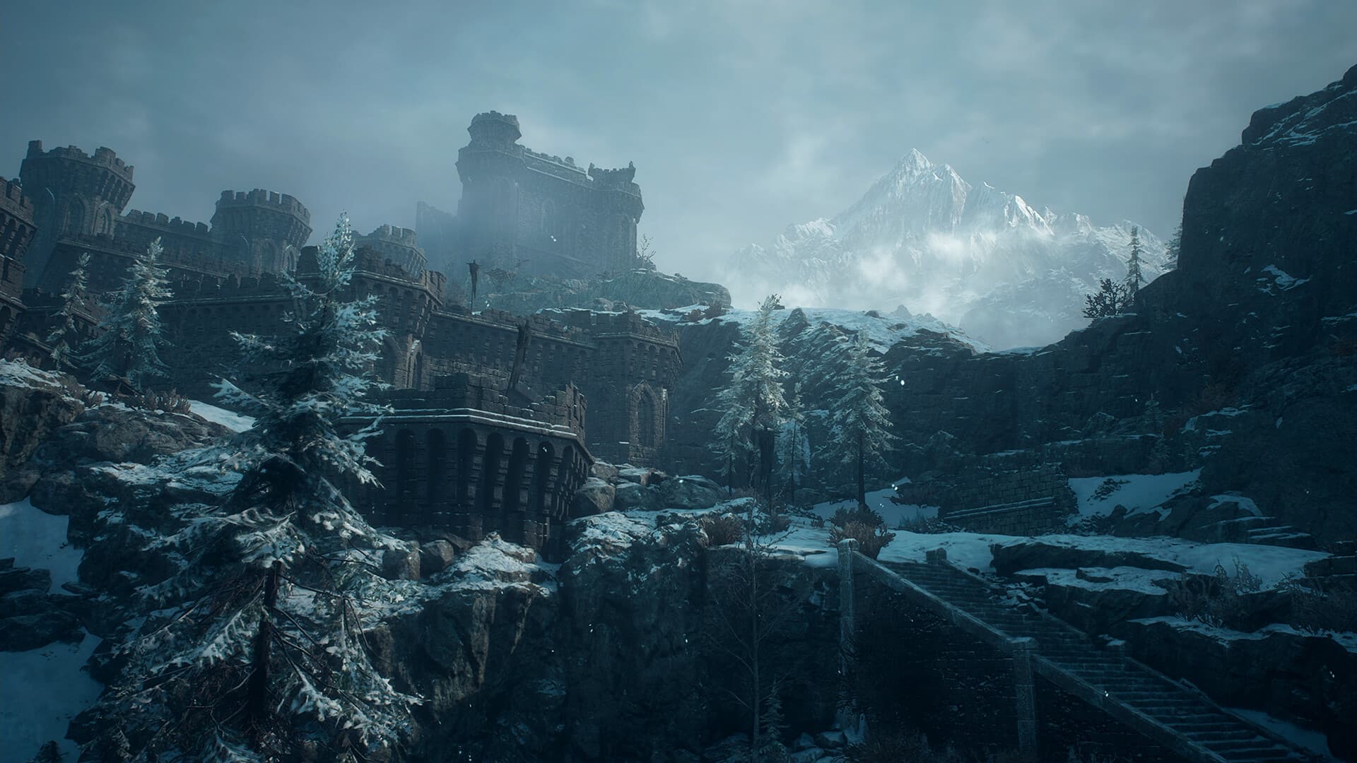 Capture officielle de Dragon’s Dogma 2: Dark Arisen montrant la région enneigée de Norgan et sa citadelle.