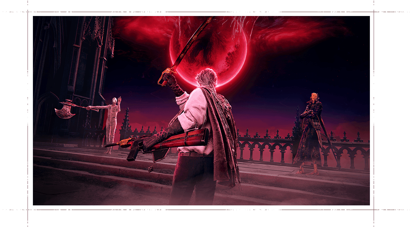 Capture officielle du test réseau de The Duskbloods montrant plusieurs personnages dans une arène nocturne.