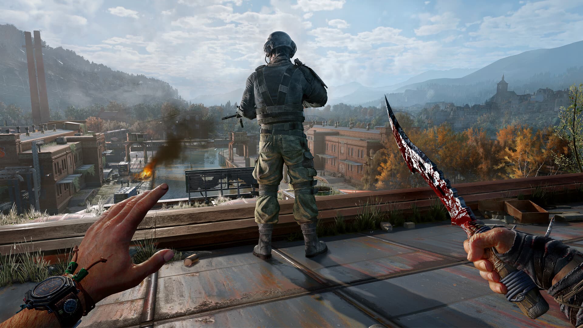 Capture officielle en vue subjective sur les toits de Castor Woods dans Dying Light: The Beast.