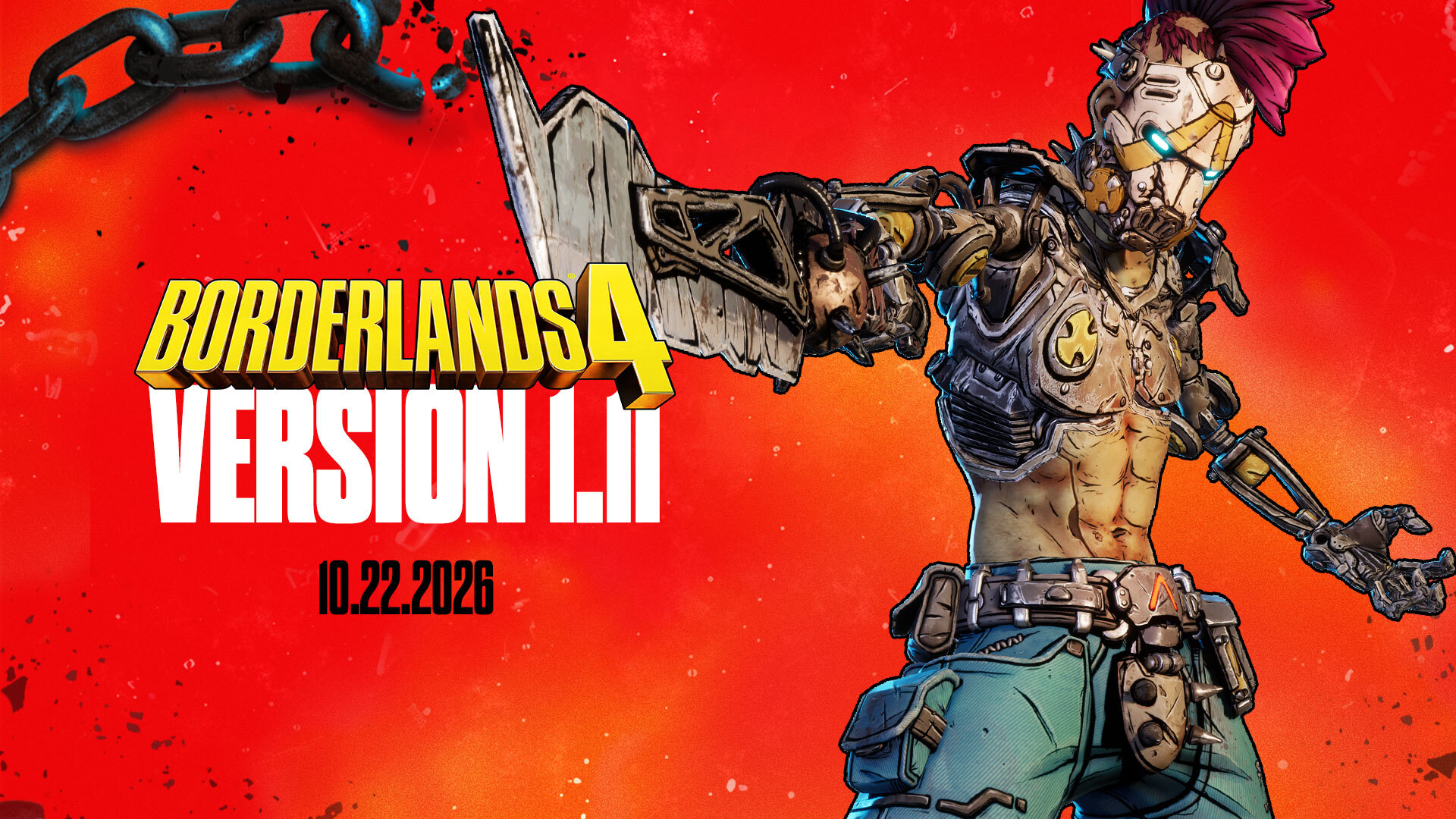 Visuel officiel Borderlands 4 version 1.11 du 22 octobre 2026, avec un Psycho sur fond rouge.