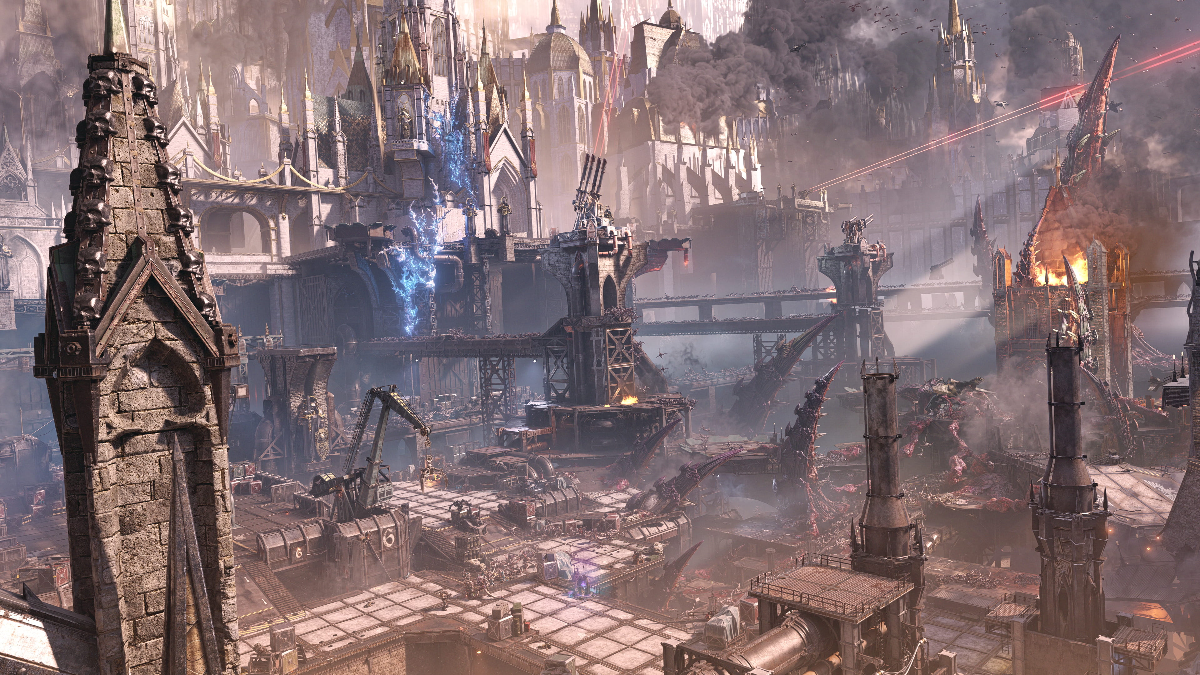Vue officielle de la cité-ruche Hive sur Avarax, décor du mode Siege Chaos de Space Marine 2.