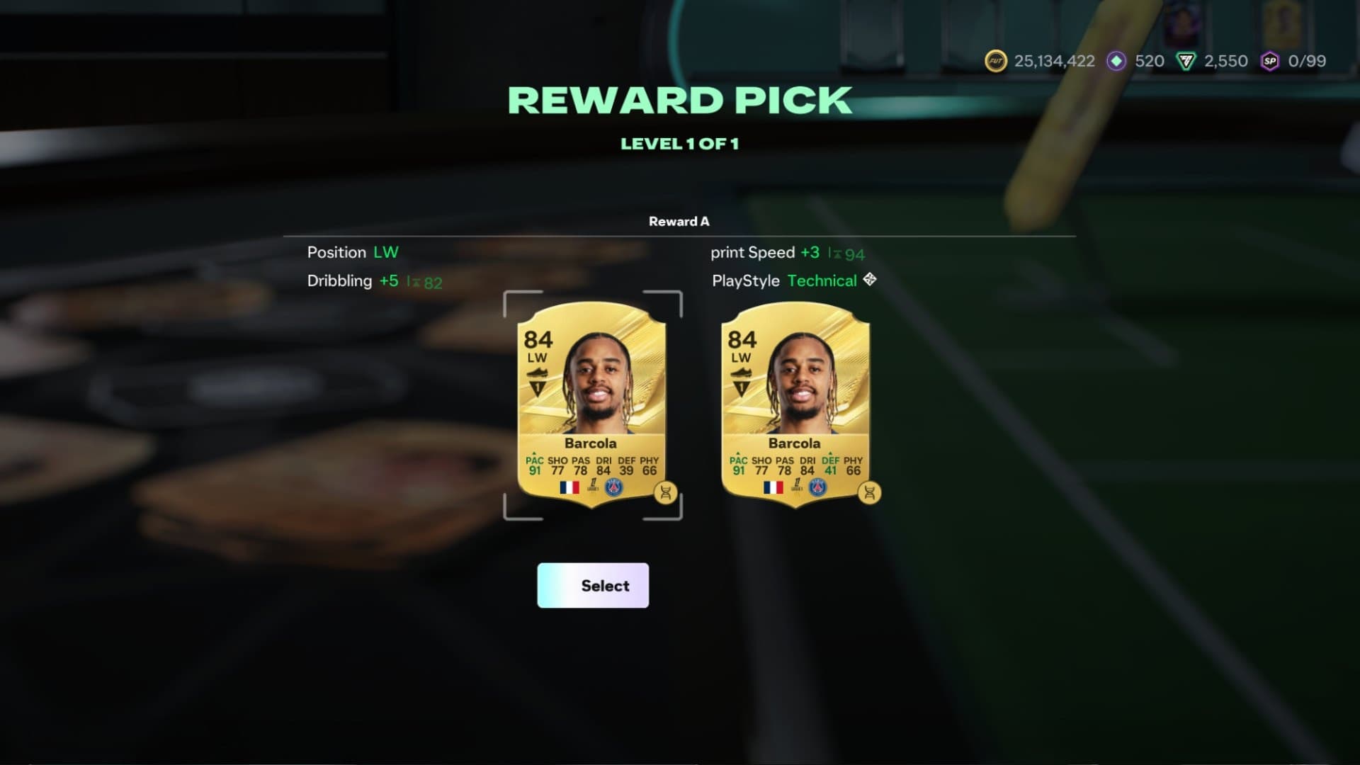 Capture officielle d’EA Sports FC 27 comparant deux branches d’Evolution pour Bradley Barcola.