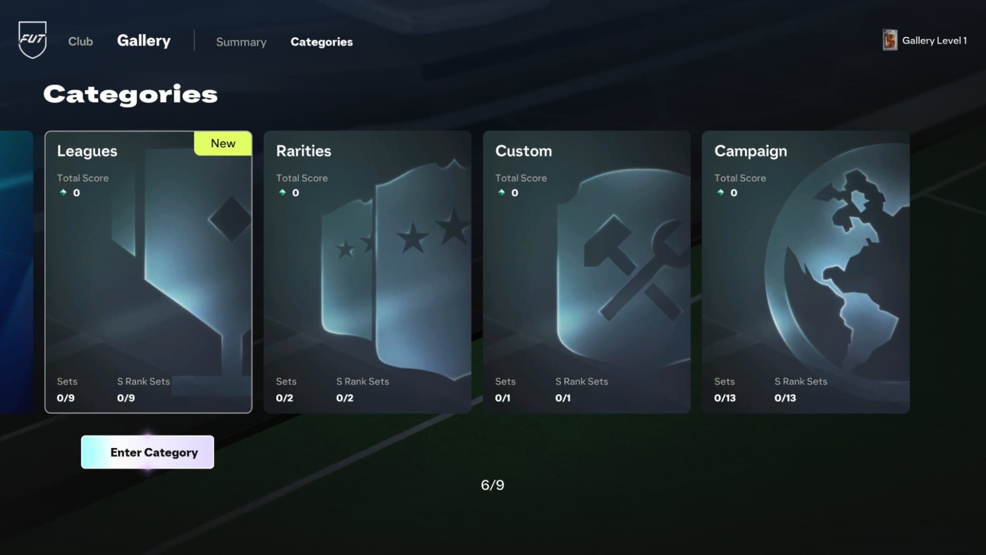 Capture officielle de FUT Gallery affichant les catégories championnats, raretés, personnalisées et campagnes.