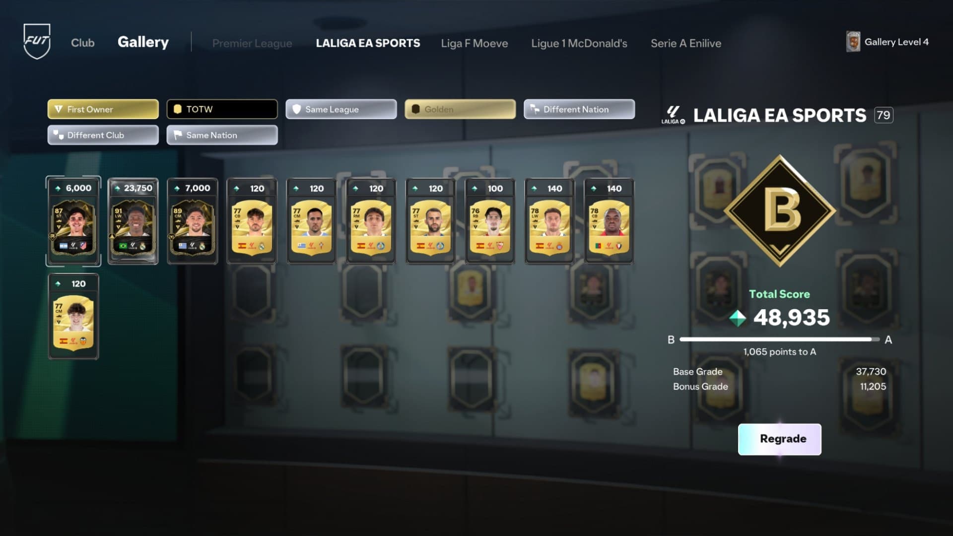 Capture officielle de FUT Gallery montrant un set LALIGA noté B avec son score de base et ses bonus.