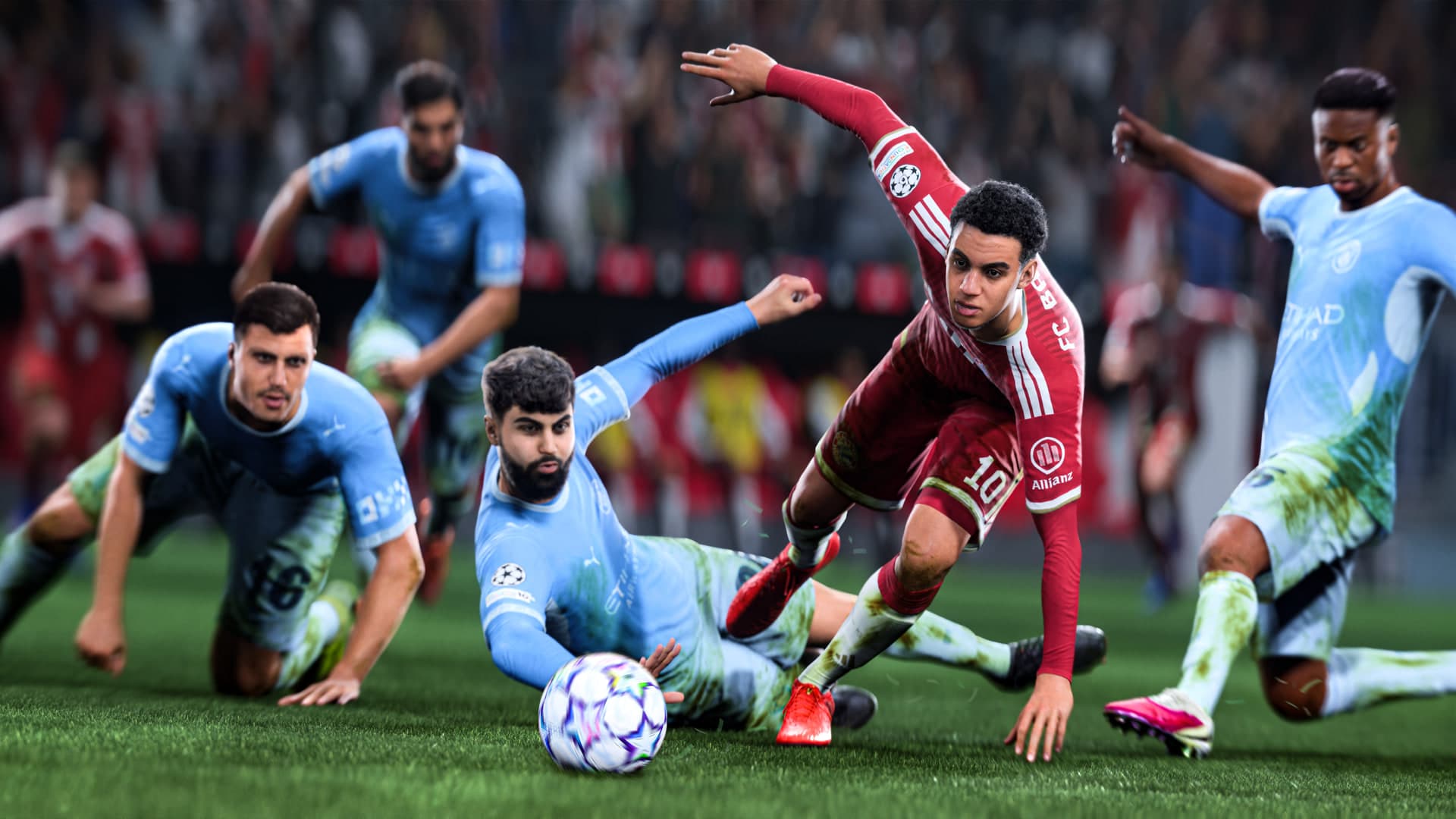 Capture officielle d’EA Sports FC 27 montrant Jamal Musiala résistant à plusieurs défenseurs.