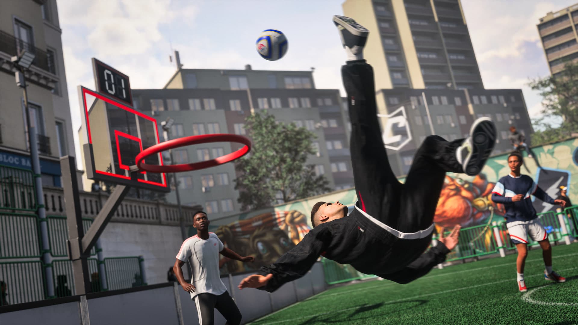 Capture officielle d’EA Sports FC 27 montrant un match de bucketball dans le quartier urbain de The Grounds.
