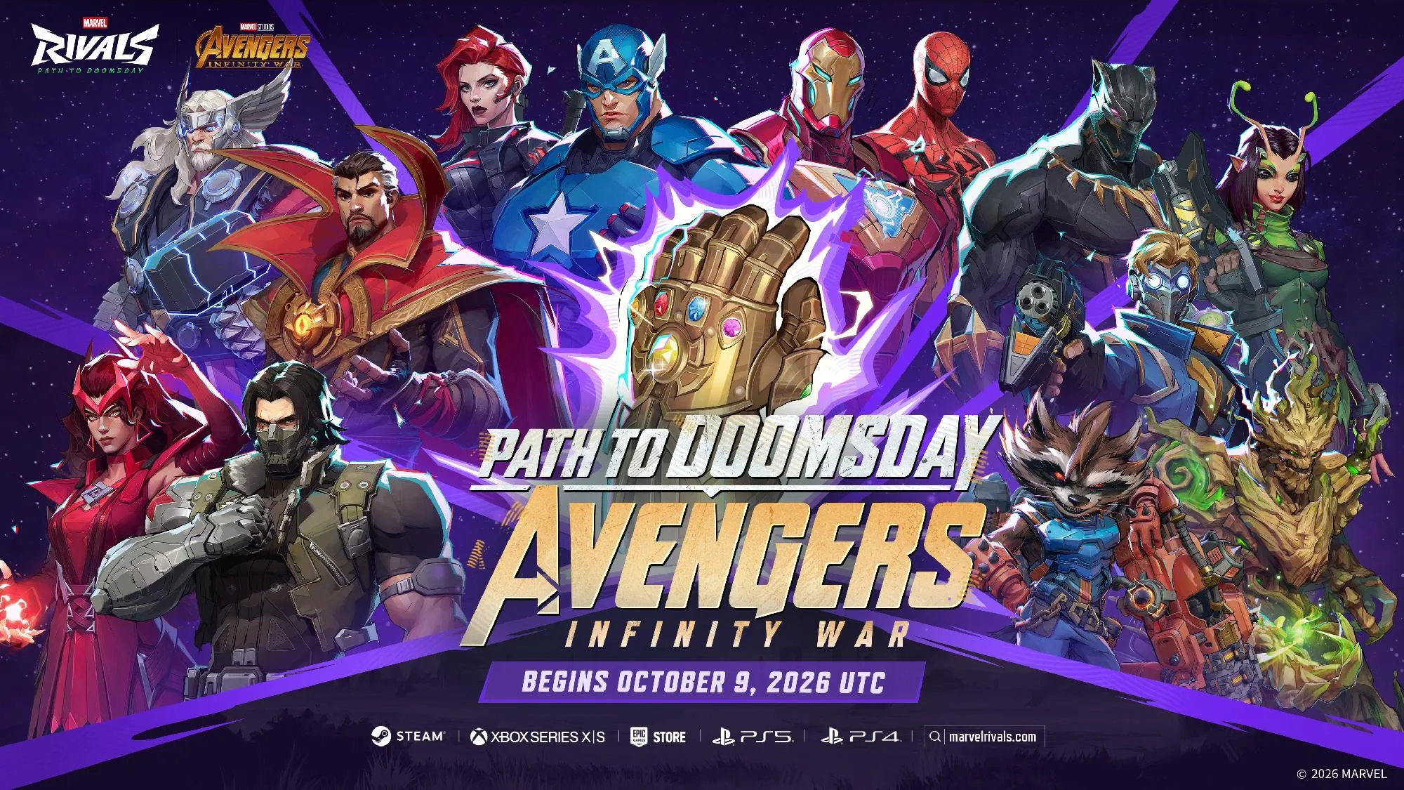 Affiche officielle du mode Avengers: Infinity War de Marvel Rivals, avec le Gant de l’Infini et une ouverture annoncée le 9 octobre 2026 UTC.