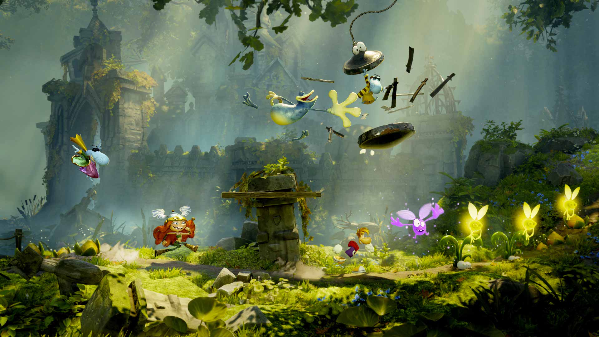 Rayman et ses compagnons traversent des ruines envahies par la végétation dans Rayman Legends Retold.