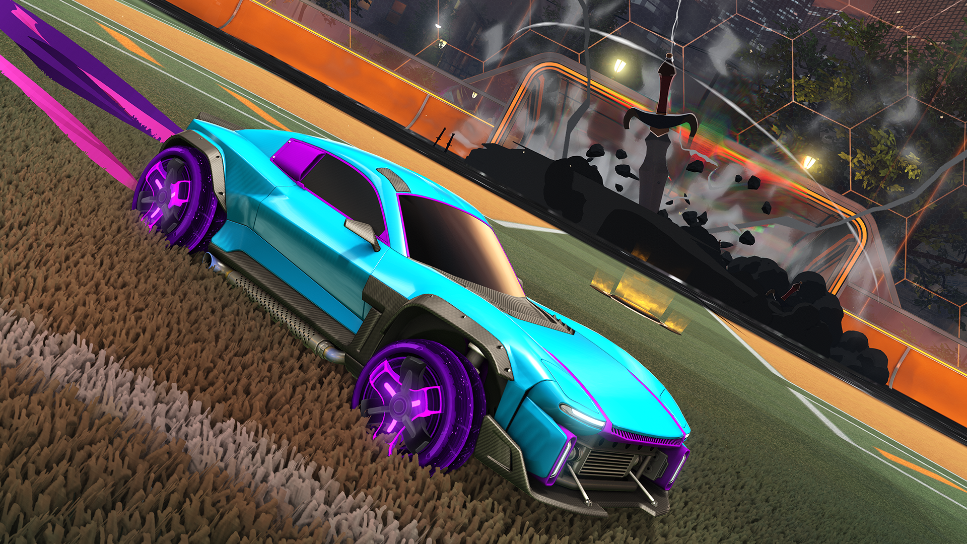 Voiture turquoise sur un terrain de Rocket League, illustration officielle du patch 2.78.