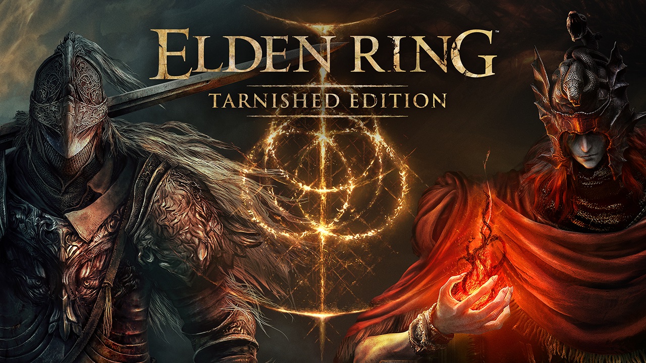 Key art officiel d’Elden Ring Tarnished Edition avec les deux nouvelles classes devant le Cercle d’Elden.