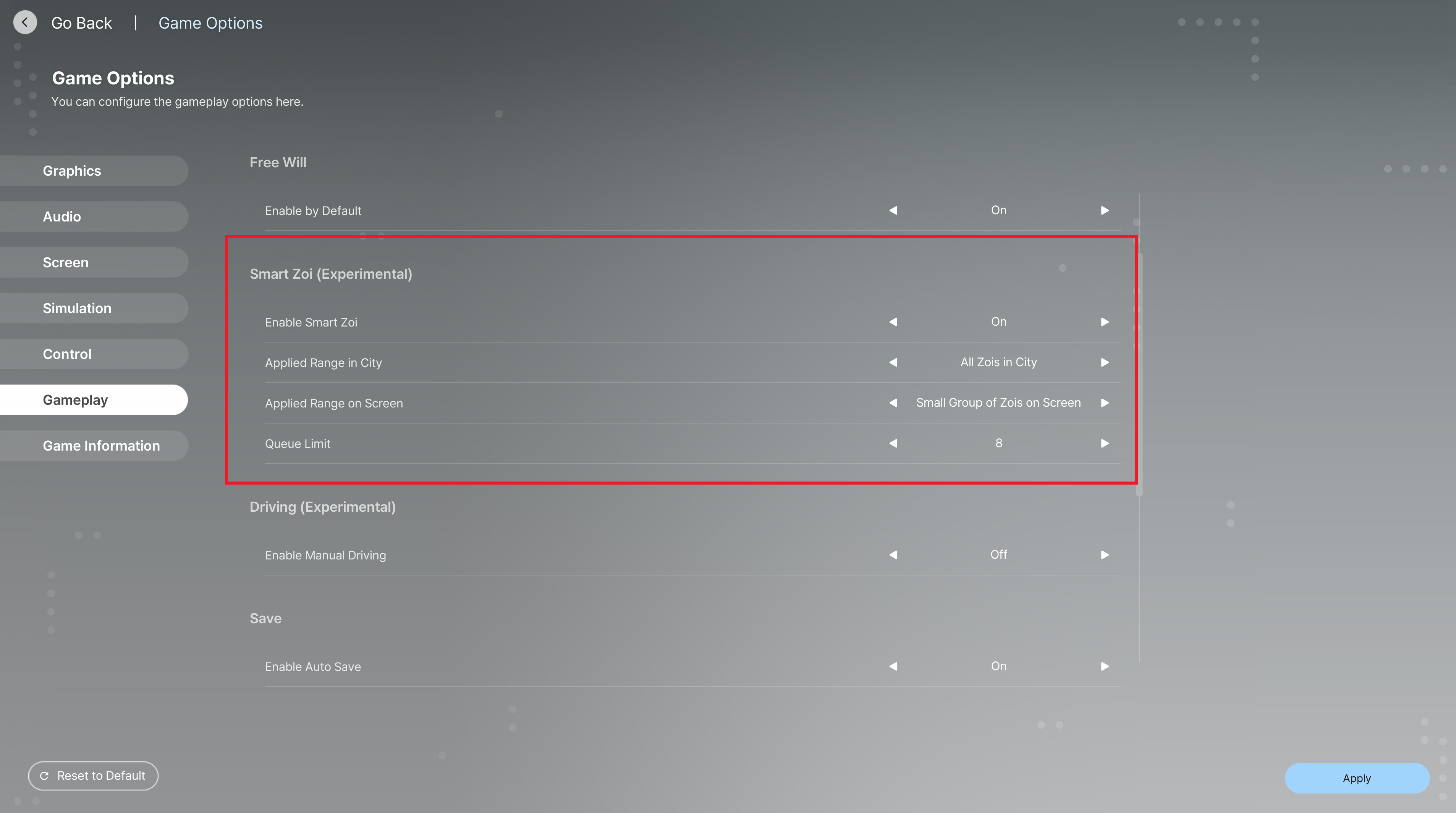 Menu Gameplay d’inZOI avec la section Smart Zoi Experimental encadrée en rouge et l’option Enable Smart Zoi activée.