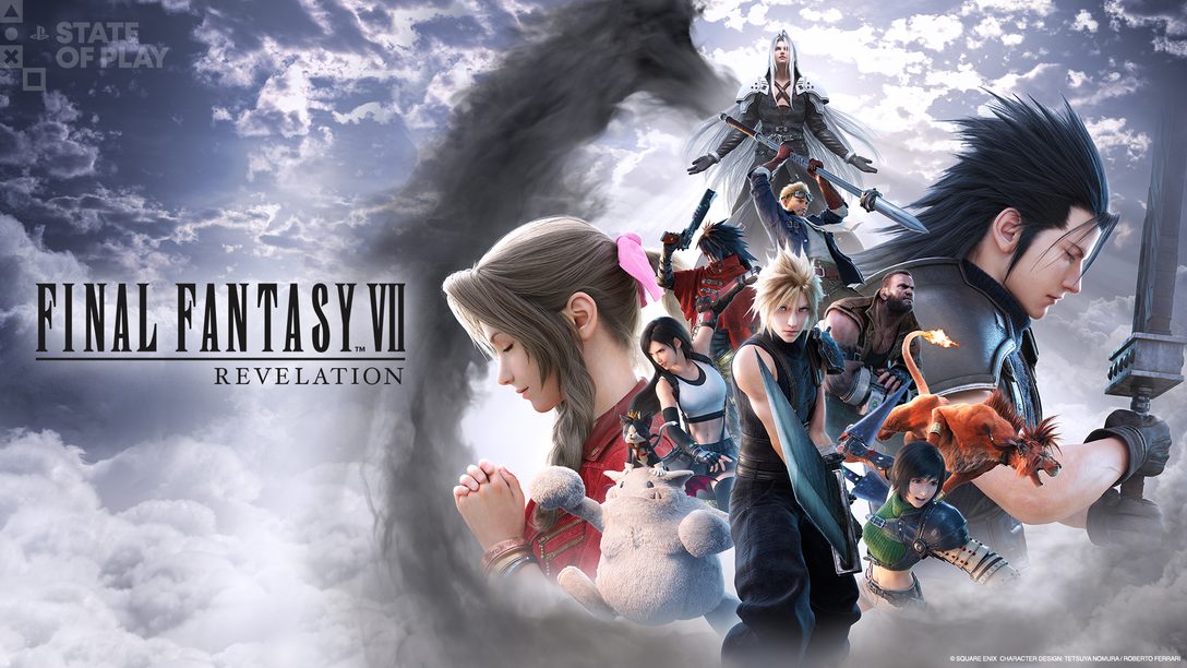 Illustration officielle de Final Fantasy VII Revelation avec le logo et les principaux personnages.