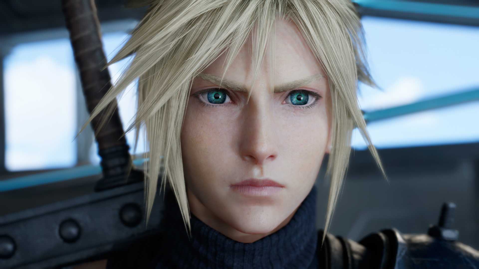 Gros plan officiel de Cloud à bord d’un environnement métallique dans Final Fantasy VII Revelation.