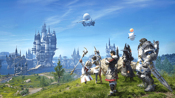 Image conceptuelle officielle de Final Fantasy XIV Mobile montrant un groupe d'aventuriers face à une cité d'Éorzéa.