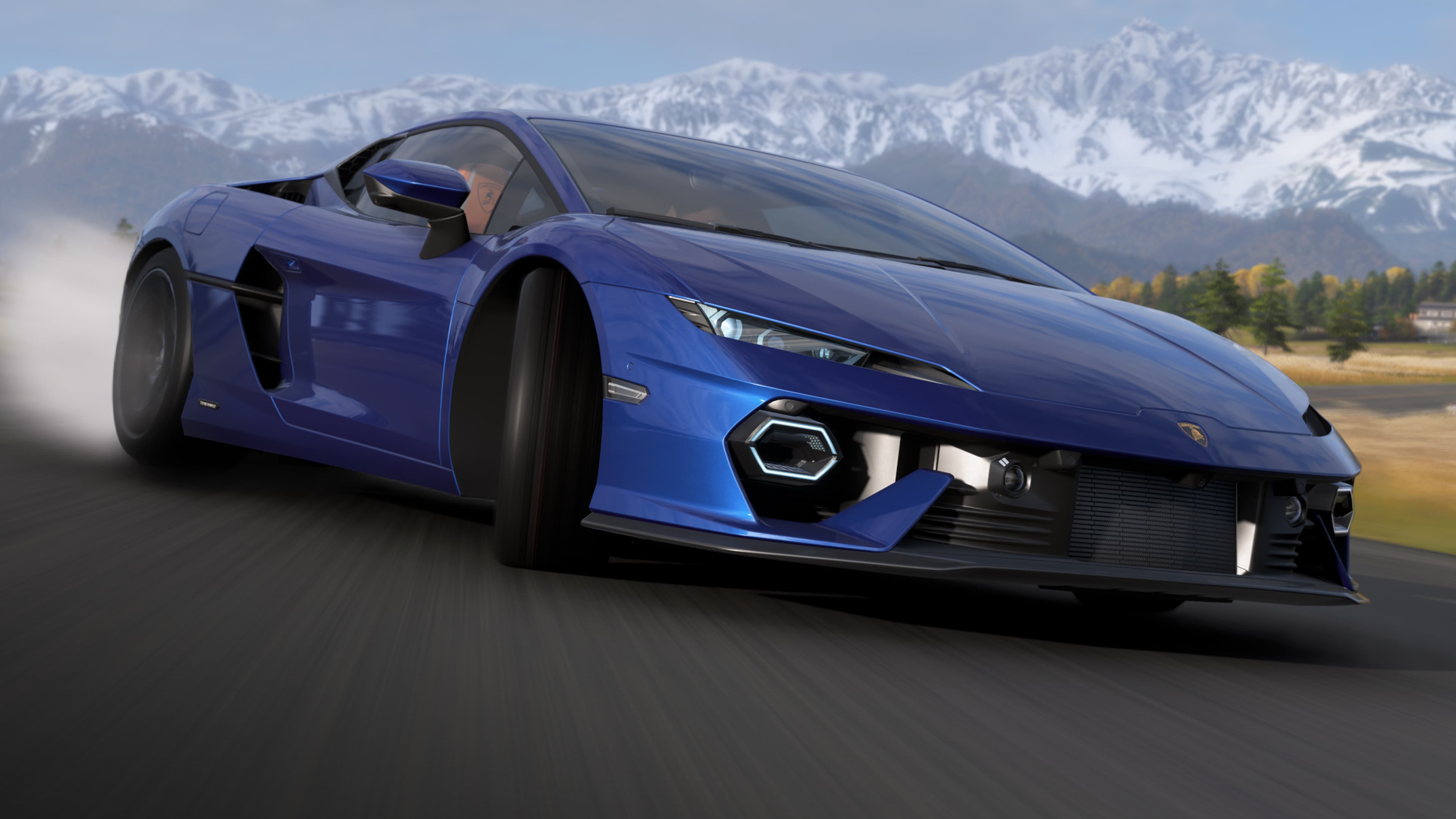 Capture officielle de Forza Horizon 6 montrant une Lamborghini bleue en glisse devant les montagnes japonaises.