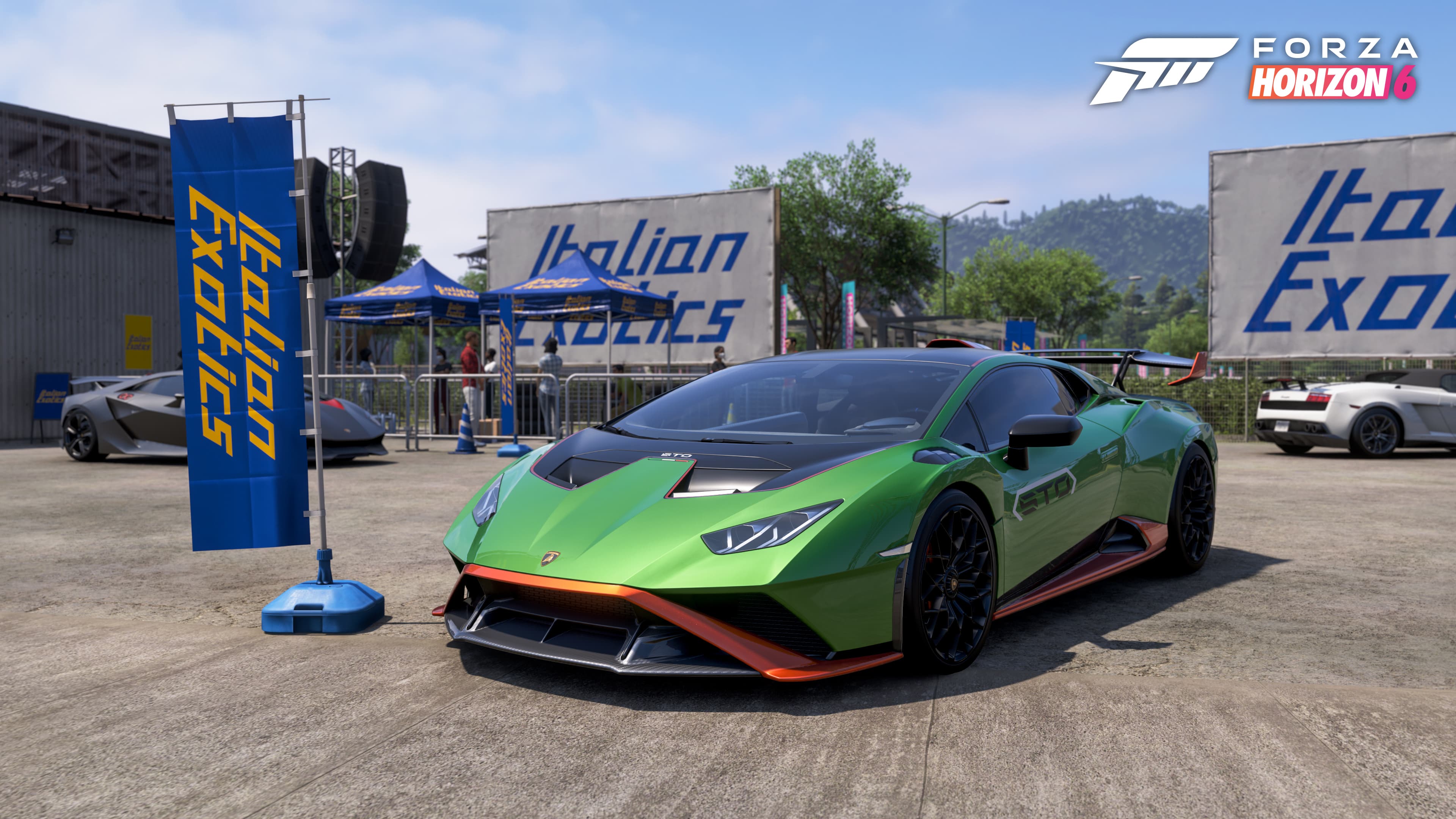 Capture officielle de Forza Horizon 6 montrant une Lamborghini verte dans la zone Italian Exotics.