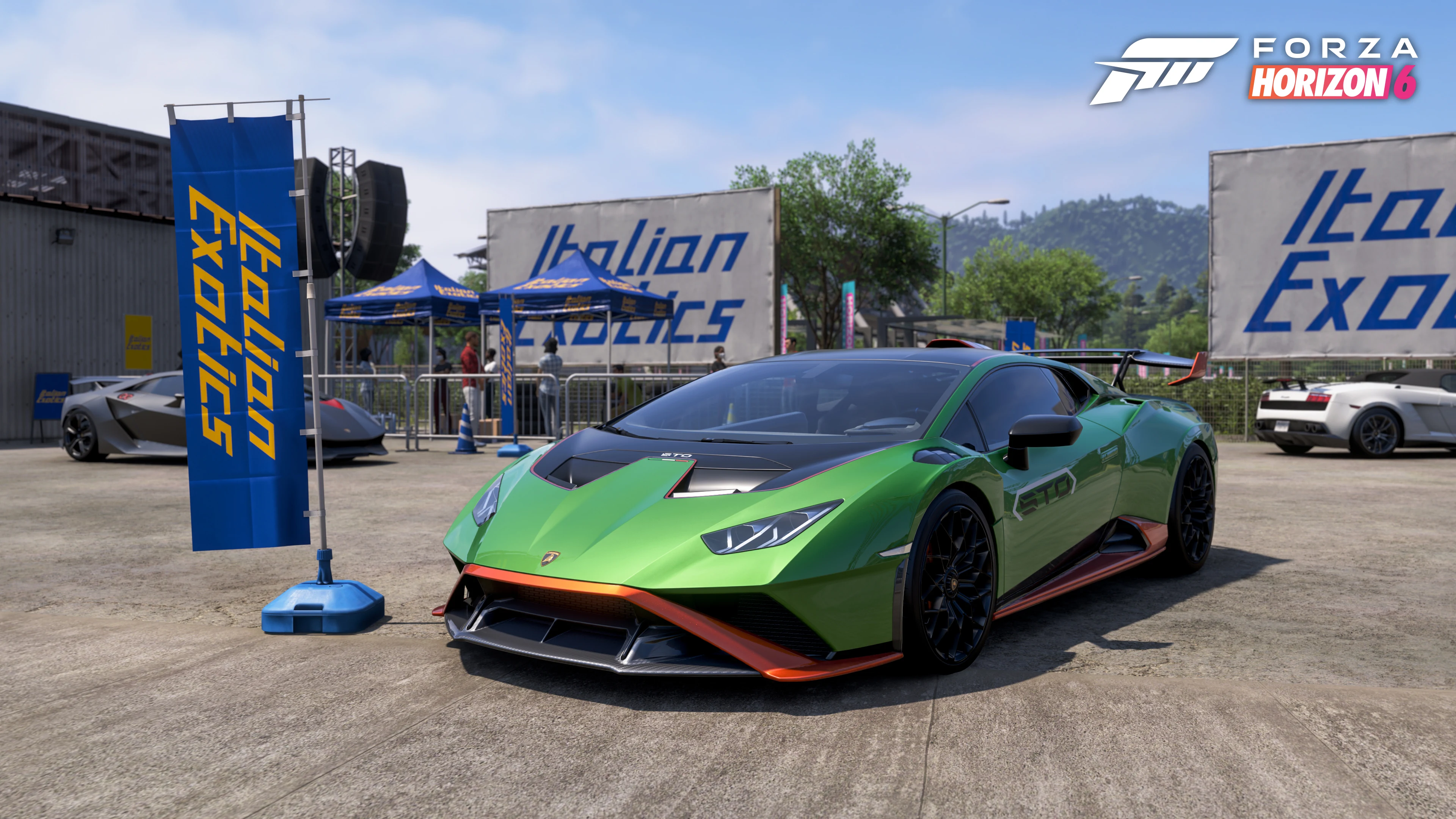 Capture officielle de Forza Horizon 6 montrant une Lamborghini verte dans la zone Italian Exotics.