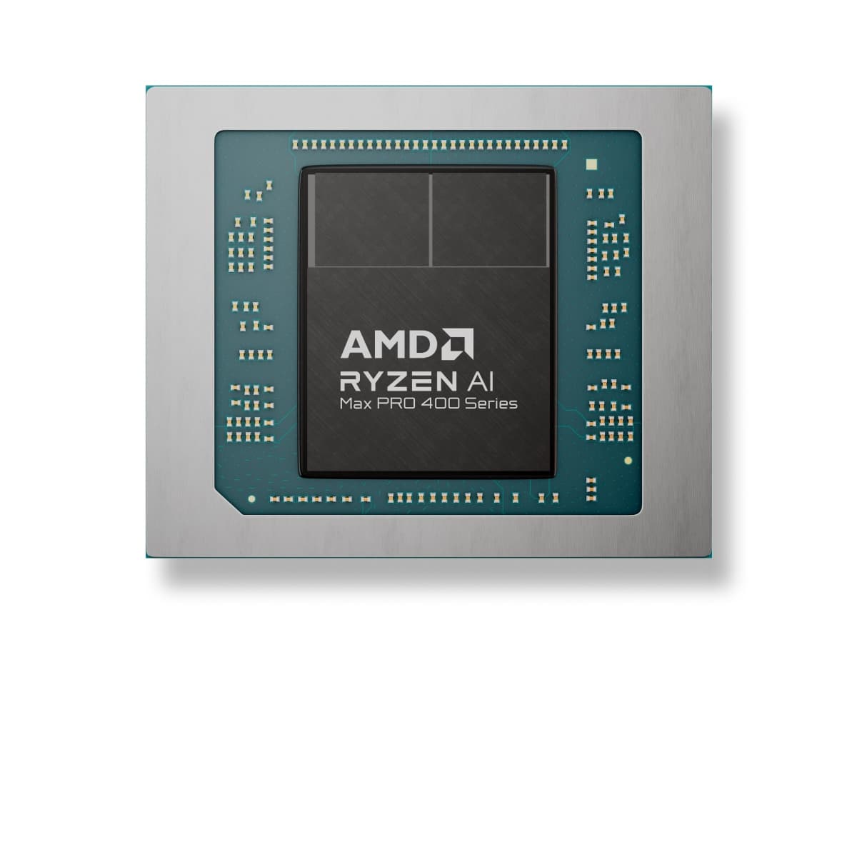 Rendu officiel du processeur AMD Ryzen AI Max PRO 400 Series utilisé par le modèle 495.