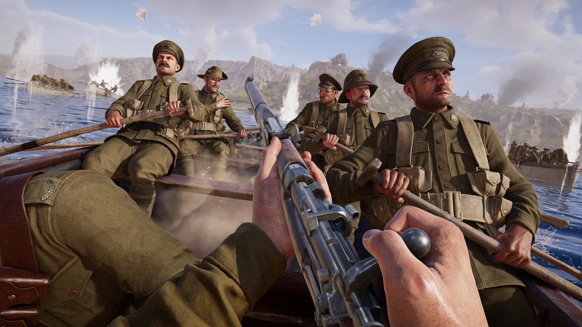 Capture officielle de Gallipoli montrant une embarcation de soldats australiens approchant la côte sous le feu.