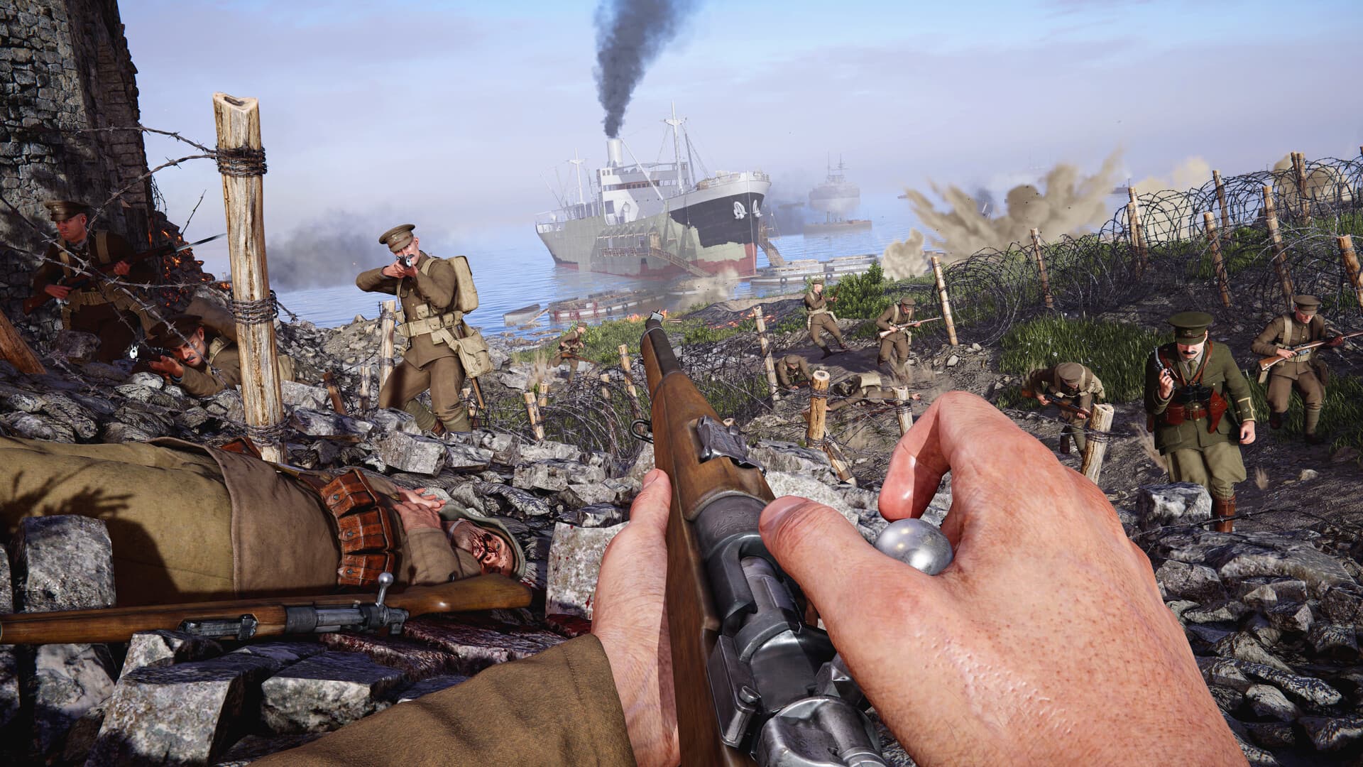 Capture officielle de Gallipoli montrant l'assaut de V Beach avec le SS River Clyde en arrière-plan.