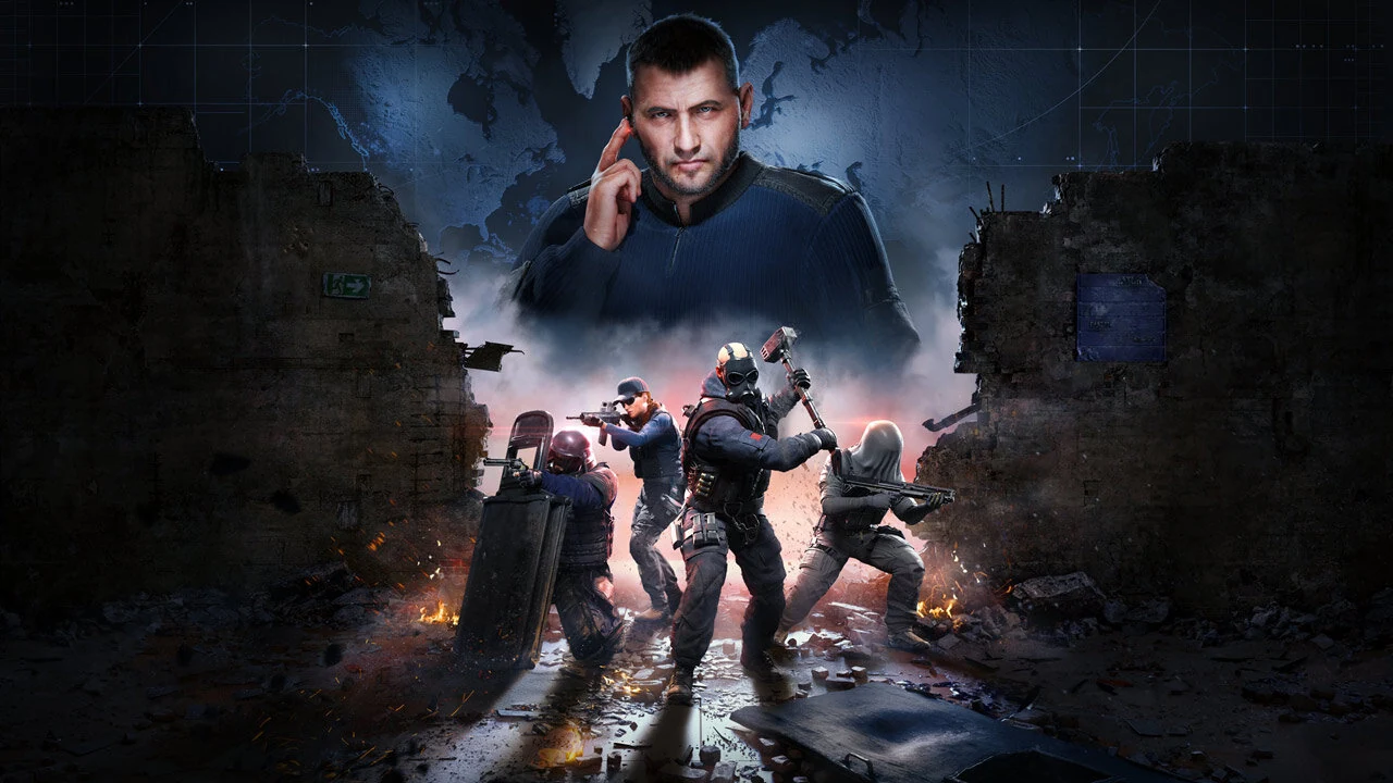 Key art officiel de Rainbow Six Tactics montrant une escouade d’Operators en intervention sous la supervision de son commandement.