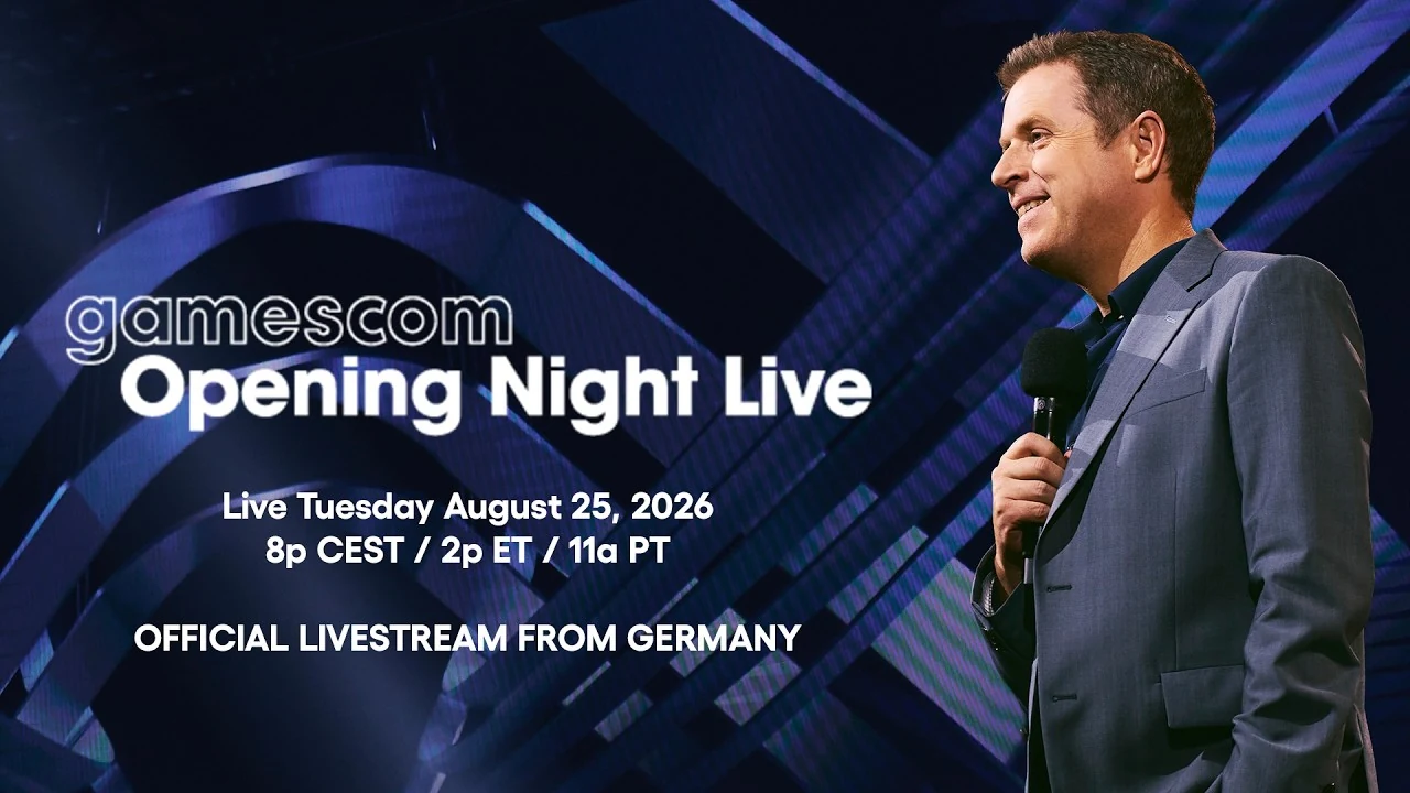 Visuel officiel de l’Opening Night Live de la Gamescom 2026 avec le présentateur Geoff Keighley sur scène.