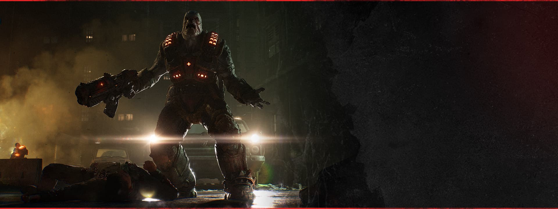Capture officielle de Gears of War: E-Day montrant un Boomer éclairé par les phares d’un véhicule.