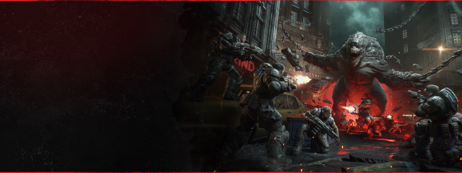 Capture officielle de Gears of War: E-Day montrant plusieurs soldats affrontant une créature géante dans une rue détruite.