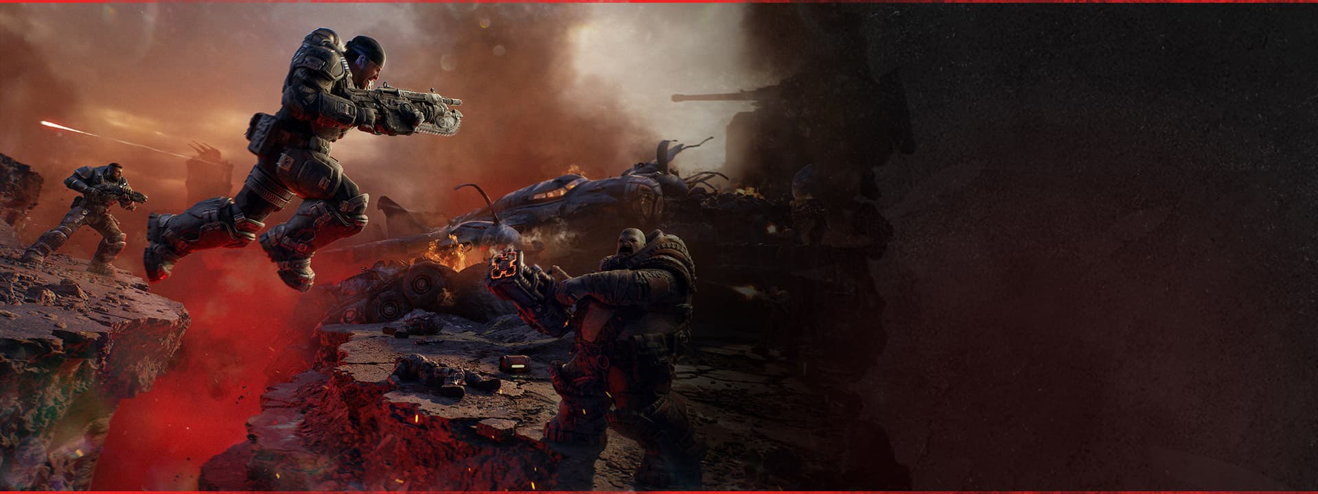 Capture officielle de Gears of War: E-Day montrant Marcus et Dom en combat dans un environnement détruit.