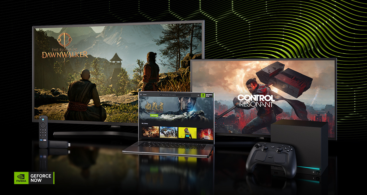 Montage officiel GeForce NOW montrant le service sur un téléviseur, un ordinateur portable, une Steam Machine et un appareil Fire TV.