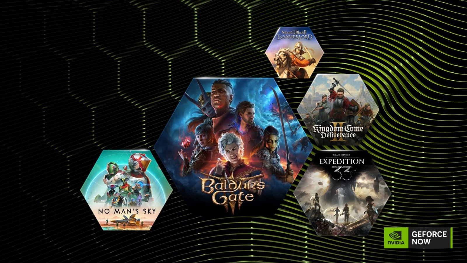 Visuel officiel GeForce NOW regroupant plusieurs jeux GOG compatibles, dont Baldur’s Gate 3 et Clair Obscur: Expedition 33.