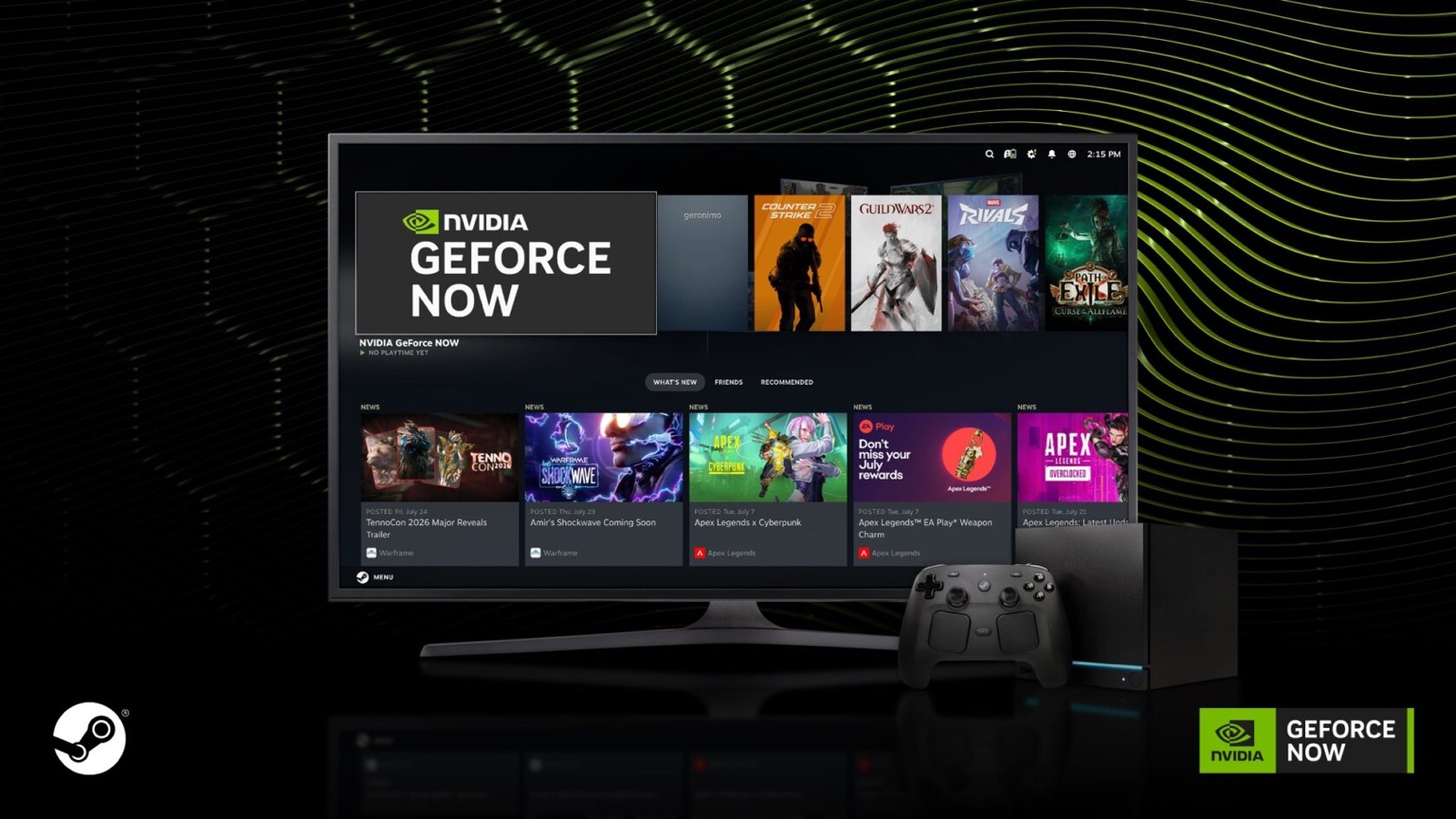 Visuel officiel montrant GeForce NOW sur une Steam Machine avec un Steam Controller devant l’écran.