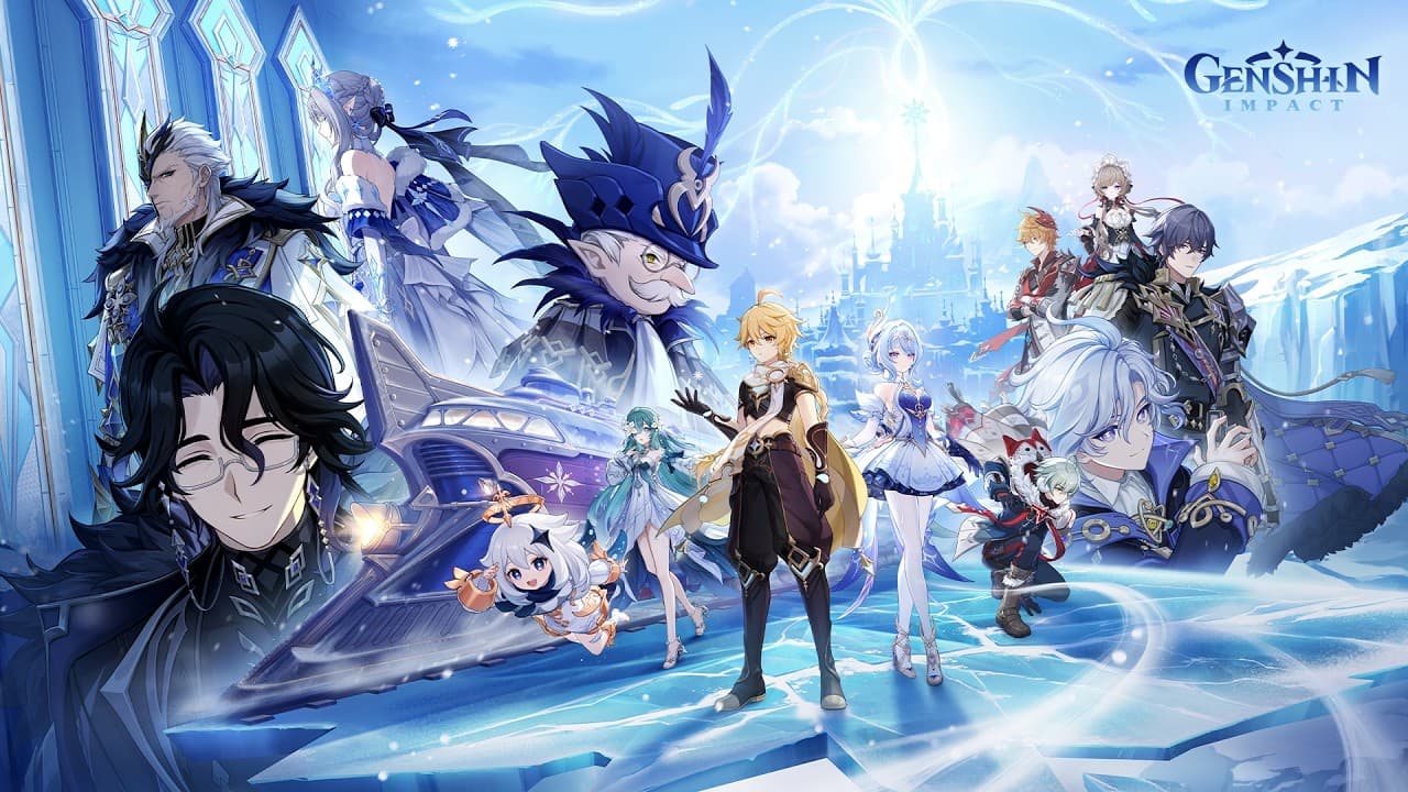 Key art officiel de Genshin Impact 7.0 réunissant les personnages de Snezhnaya devant une cité enneigée.